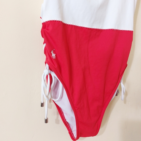 Polo Ralph Lauren Red & White Colorblock One Piece Swimsuit Bathing Suit - Picture 2 of 11